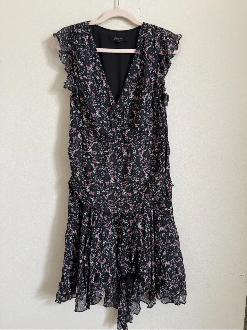 All Saints Black Floral Spring Ruffle drop waist Mini dress Size US 10 UK 14